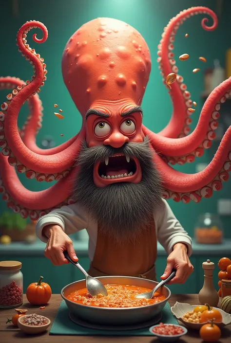 a cartoon octopus screaming "think of my octobabies birdie!", being cooked by a man with a ponytail and long beard, detailed face, extremely detailed expression, vibrant colors, dynamic composition, whimsical, fantasy, (best quality,4k,8k,highres,masterpie...