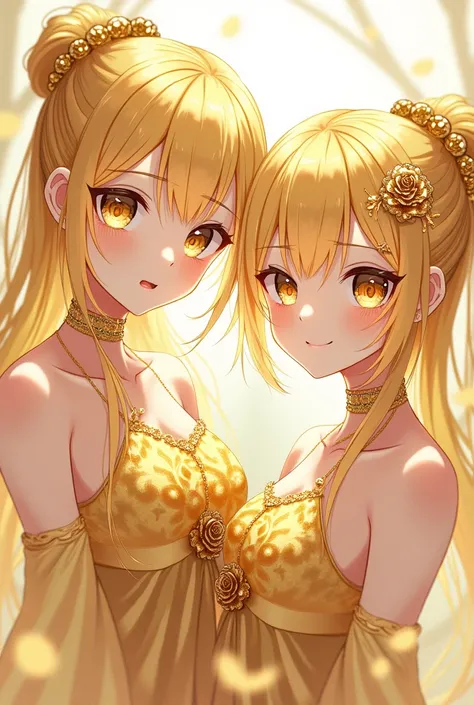 Beautiful anime girls with faint golden hair, hazel yellow eyes, jewelry, hair tie in the form of a shiny cake and pale yellow skin. They look like Baraa and wear a shiny gold costume and carry an interesting rose in a very shiny gold color