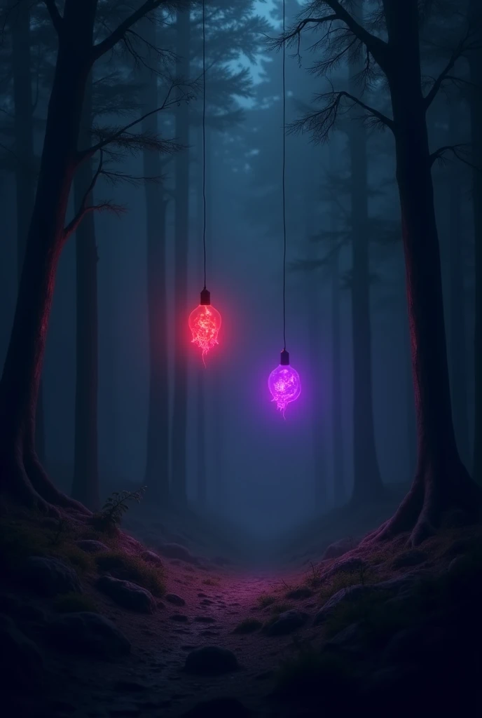 (night forest background) two lights stand out in the middle of the dark forest : one magic light color RED and the other magic light is 
color PURPLE ,  the two lights are floating in the middle of the dark forest, being the only lights that were there , ...