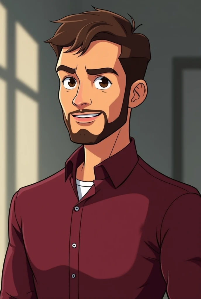  Animation of a man , In a burgundy shirt , white pele, short brown hair, a soft-bottomed office ,  brown eyes,  as an expression of a determined and intelligent person, with Brazilian and Portuguese traits , with beard