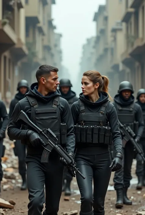  Attractive men and women ,  in black combat suits part of an army.
Ruined Cities ,  them seeing each other, with traces of blood 
