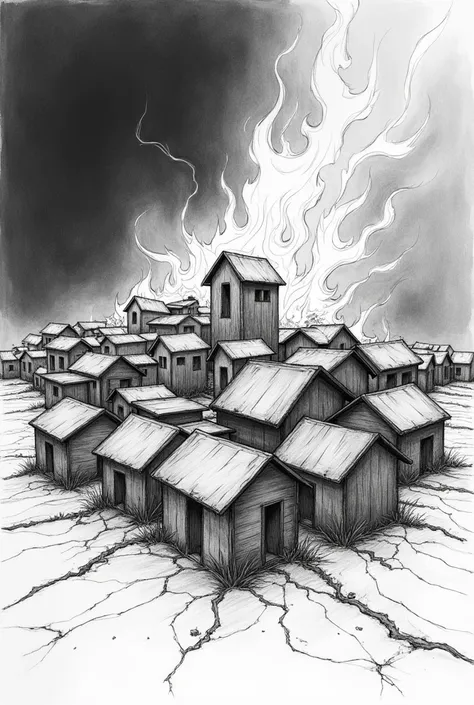 2d pencil sketch of houses on fire