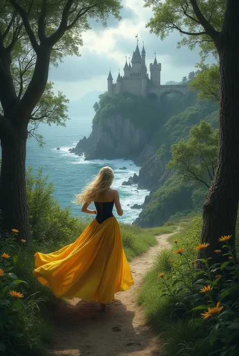 Middle Ages,  lonely forest path , old oaks , Flowers on the roadside , view from above, strand, Cliffs,  in front of an old castle with towers and bridge on a rocky outcrop,  storm clouds in the sky ,  high waves on the sea ,  princess on the way , runs, ...