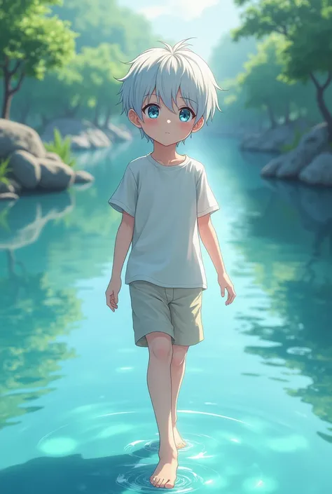 1 young anime bare foot boy with a whit hear walking on water with a beautiful foot, bare foot, 