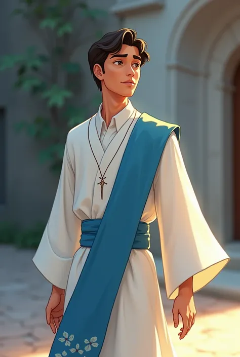 You can generate a 2D animated image of a young man wearing a white cassock and a blue band