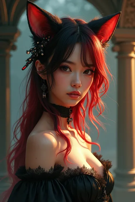  Generate a character more 18 female with red and black hair with cat ears