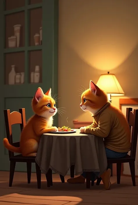 "Generate an image of the younger ginger kitten sitting at the small table, smiling widely as she enjoys her meal. The older ginger cat watches her with a fond expression, sitting across from her in his worn-out clothes. The room is simple but warm, with a...