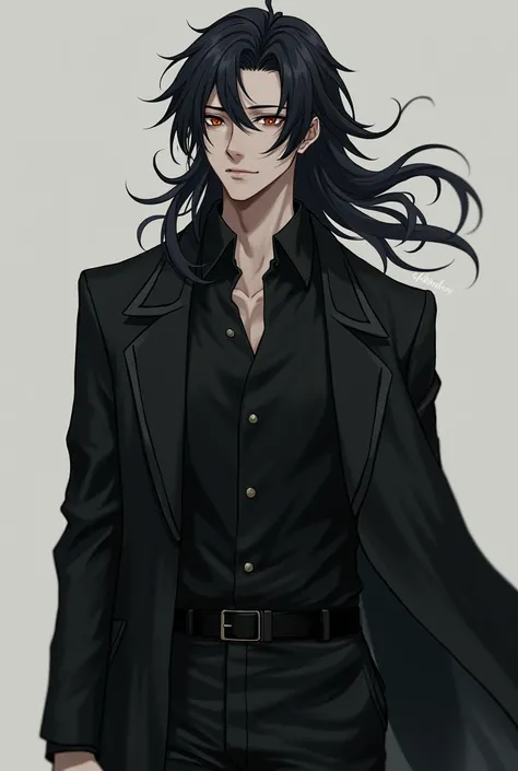  Create an image of a male character of approximately 25 years, has long black hair and a gentle face ,  wearing regular clothing with a black overcoat and a strong physique 