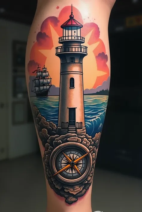 I want a tattoo on my calf. A lighthouse combined with a compass and a ship.