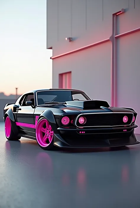 Create a black 1969 Mustang with pink wheels and bands