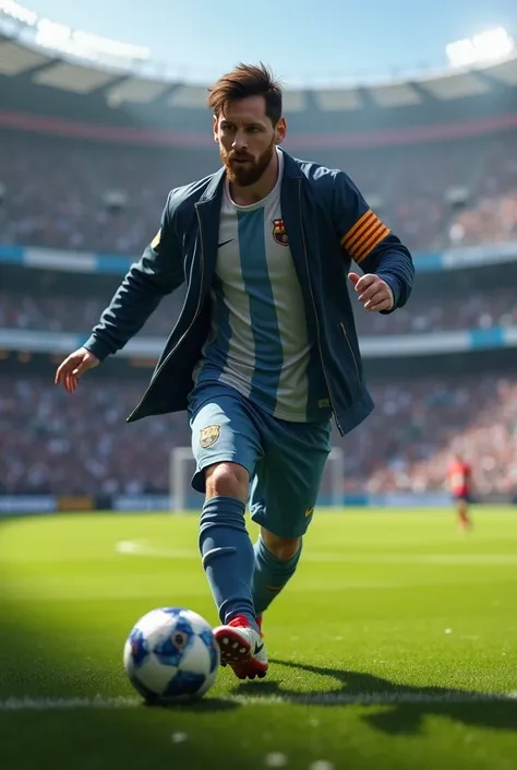 Messi play football and he wearing jeans and jacket 