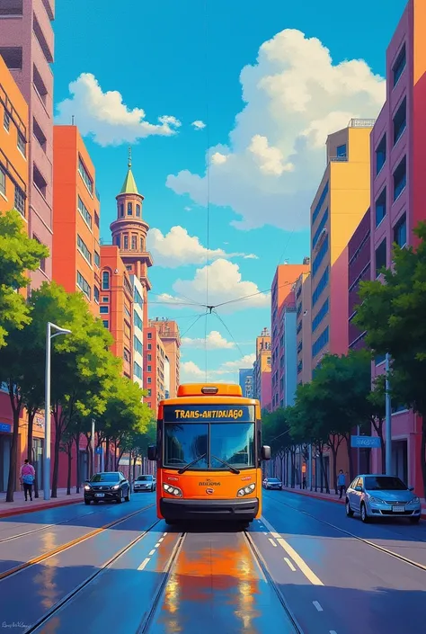  Oile-effect landscape containing a city and a bus of Transantiago (public transport in Chile ).  With the respective colors of the bus and a colorful environment , without people or so much small detail. in artistic style ; handmade painting .  The smalle...