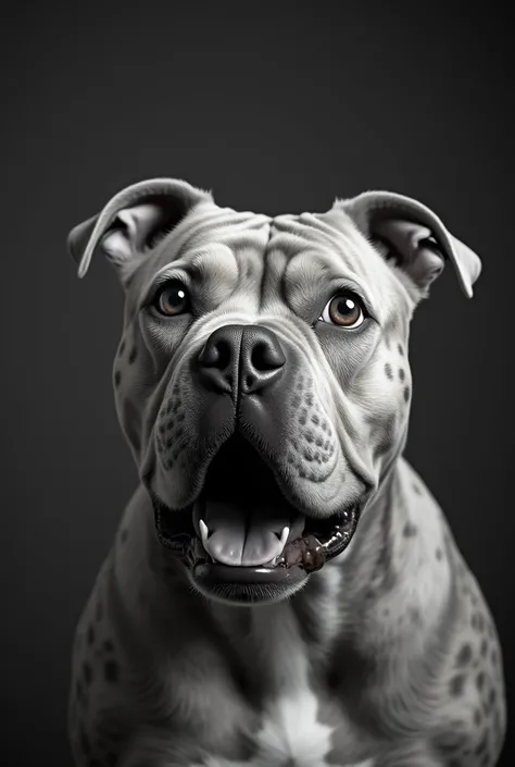 Créez une image dun chien American bully xl en noir et blanc avec une expression surprise, de grands yeux écarquillés et geule ouverte regardant une petite coccinelle posée sur son nez. Le pelage du chien  doit avoir les taches caractéristiques 
Larrière-p...