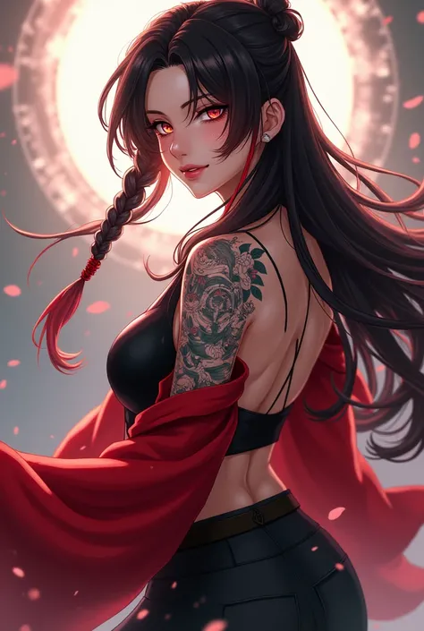  .  She has long dark hair with some red highlights on it .  the fringe of her hair on the left side has a lock with a black braid with a red thread .  she wears a black top and over the top a red martial artist overcoat that shows her entire back and arms...