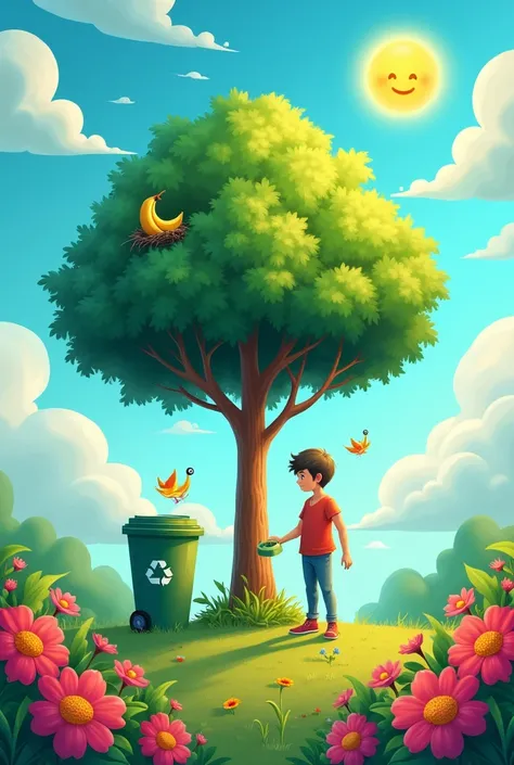  Image Description : A landscape with a large green tree in the center ,  full of leaves and with a birds nest on one of the branches . on the floor,  colorful flowers surrounding the tree and a  throwing a banana peel in a bin next to the tree.  The sky i...