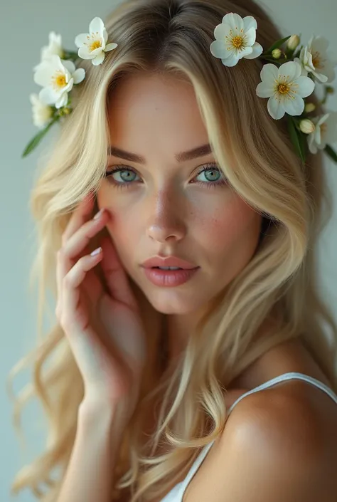 Photo realism of a blonde and beautiful woman , with very small white flowers on her head and her hand in her ear, pretending to hear, she does everything she can ,