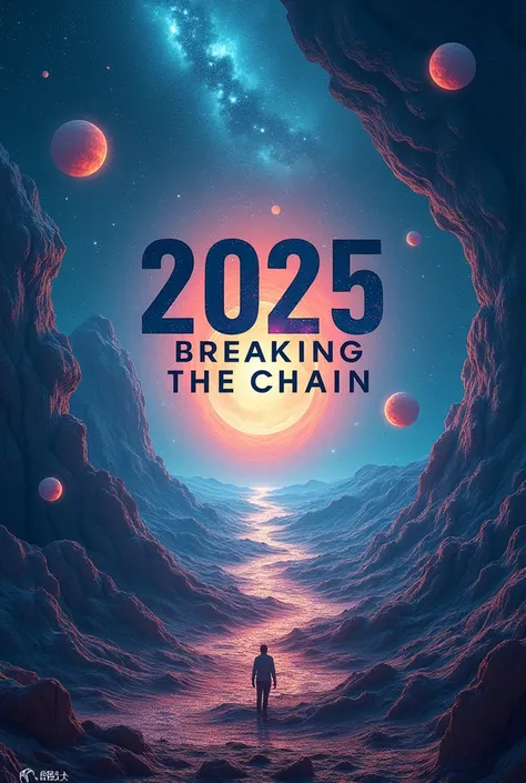 in the center, write the word "2025 breaking the chain" in quotation marks above. Bacround 3d astronomy A3 size