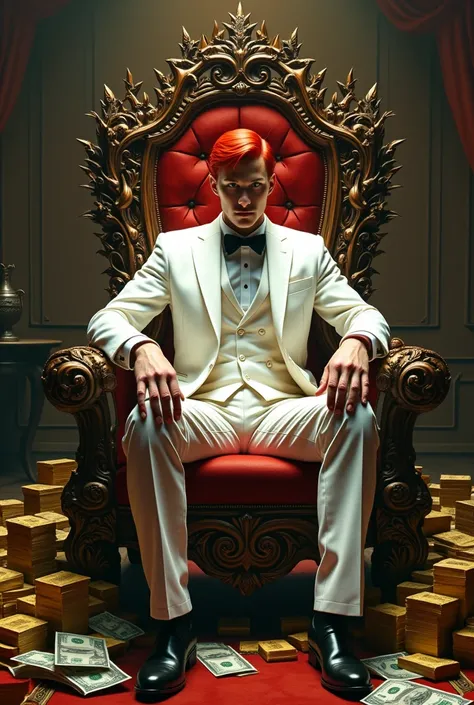  man, Red hair, high , sitting on a throne of thorns wearing a white suit in a living room surrounded by bundles of bills and gold ingots.