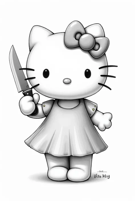 Hello Kitty in a dress with wings posing pretty , In black and white drawing posing very flirty
With a knife in hand 