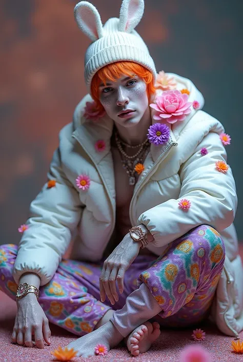 "Ultra-realistic full-body portrait of a man with an ethereal, surrealistic appearance, blending human, mineral, and botanical elements. His skin is extremely pale with intricate, psychedelic marbled patterns in iridescent shades of purple, green, and pink...