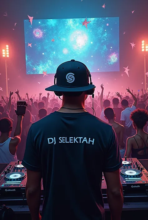 A surrealistic painting of DJ Selektah, a Indonesia DJ known for his dub music, playing at a night party. He is wearing a hat with the logo of his brand. The background is a crowded party with people dancing and a large screen showing visual effects. The o...