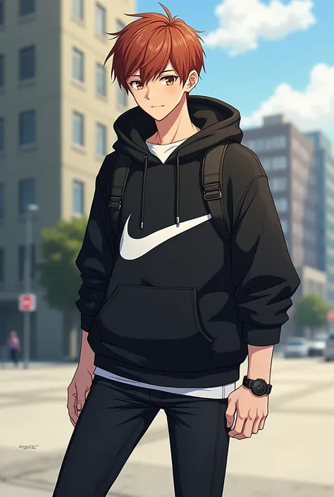 Anime character short hair , chestnut, Ojos morones ,  black jacket with white Nike logo,  black pants,  white boots with black, black watch , man, average build ,  skin color white  