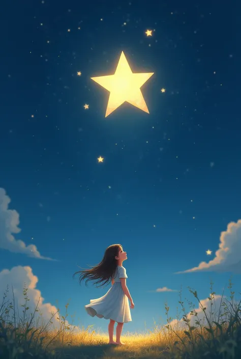  A little girl in a white or light blue dress .  The star Lily had held is now the brightest in the sky,  standing out from all the others . Her light is stronger and warmer ,  as if grateful for Lilys help .Animated version 