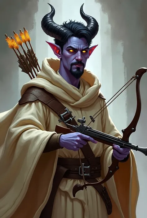 A Dungeons and Dragons tiefling with 1 ,70m tall and 75kg ,  with lilac-colored skin , short black hair,  goatee and black mustache , short, curved horn at the tip , with yellow eyes,  wearing beige clergymen robes holding a crossbow with light arrows