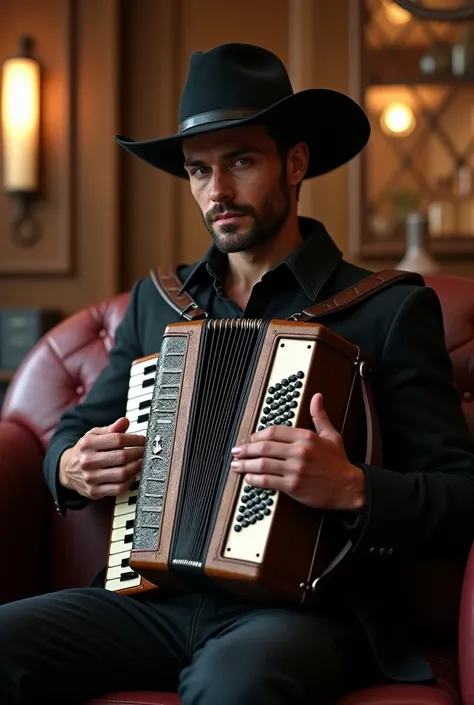 The male model ,  has a black hat and is sitting on a sofa while wearing a button accordion hanging on his chest and is inside a saloon 