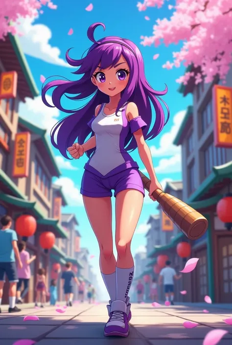 Bibi from Brawl Stars with her main model walking down the street with her club in hand with a Japanese art 