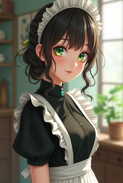 woman、Age: 20、 The length of the hair is up to the shoulders、The color of the hair is dark brown 、Hair highlights are green 、 My bangs are long enough to fit my eyes 、 hair is fluffy 、Droopy eyes、Eye color is green、smile、 Im wearing a fluffy black dress 、 ...