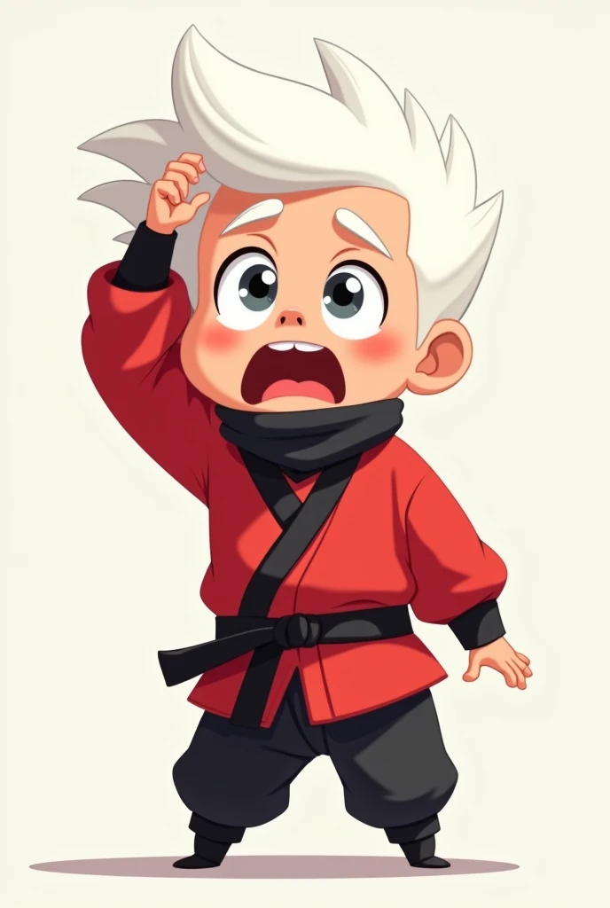 Make a little ninja who wears a red jacket and black pants with white hair and he has his hand on his head as if he were in shock Cartoon style with minimalist background 