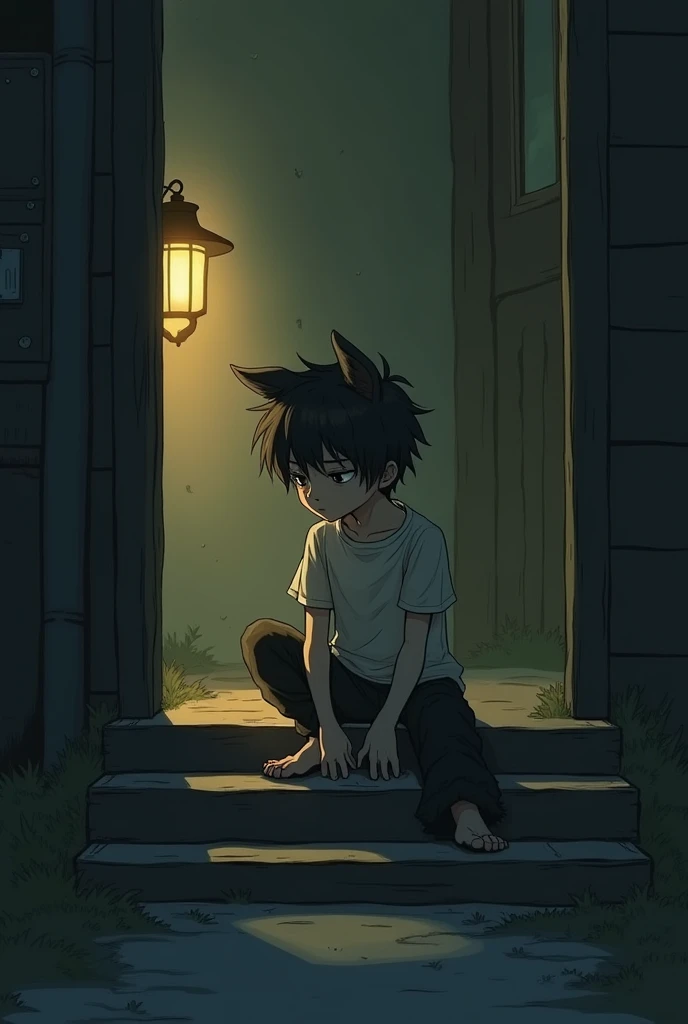 Give me a little boy whos half human half wolf who have been in by his parents raining by a lighted doorstep anime picture she is  put this character some clothes on please