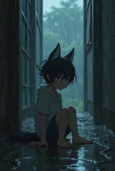 Give me a little boy whos half human half wolf who have been in by his parents raining by a lighted doorstep anime picture she is  put this character some clothes on please make his clothes a little bit tore up and its raining outside