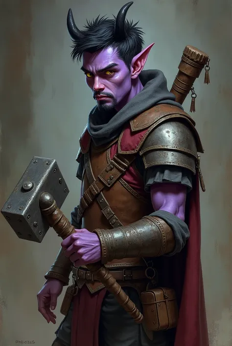 Um jovem tiefling de dungeons and dragons com 27 anos de 1,70m tall and 75kg , small horn,  with lilac-colored skin , short black hair,  goatee and black mustache , with yellow eyes, wearing leather armor holding a war hammer