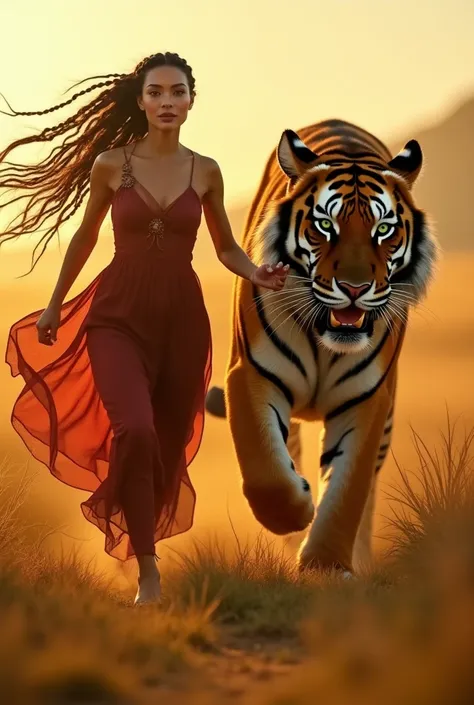 "In a cinematic, ultra-realistic 4K shot, a stunning fairy with the face of Megan Fox runs joyfully alongside a colossal Bengal tiger in a vast golden meadow at sunset. The fairy’s emerald eyes gleam with excitement, and her dark, flowing hair is intricate...