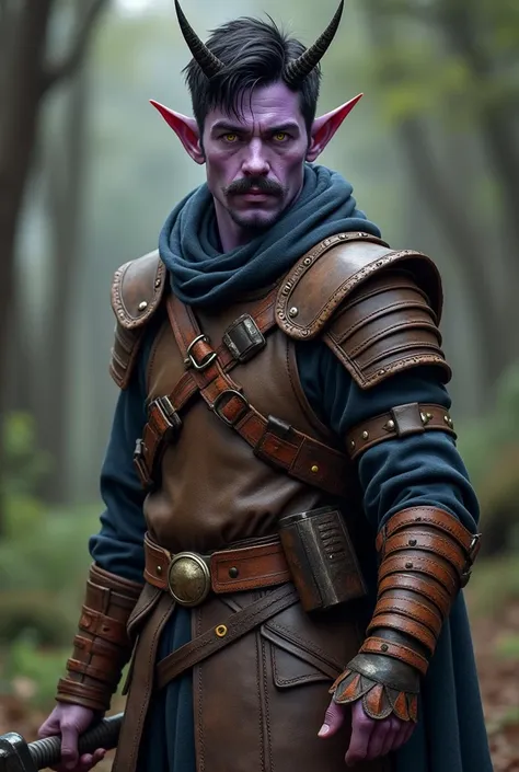 Um jovem tiefling de dungeons and dragons com 27 anos de 1,70m tall and 75kg , small horn,  with lilac-colored skin , short black hair,  goatee and black mustache , with yellow eyes, wearing leather armor holding a war hammer