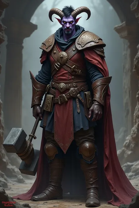 Um jovem tiefling de dungeons and dragons com 27 anos de 1,70m tall and 75kg , small horn,  with lilac-colored skin , short black hair,  goatee and black mustache , with yellow eyes, wearing leather armor clergyman holding a war hammer