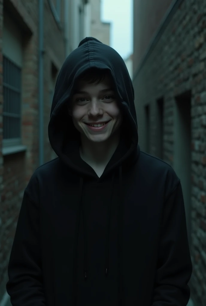 a young man with a fair complexion who merges with the darkness of an alley but who can only be seen his black eyes and his smile that spreads in a supernatural way and who can see his full body and is dressed in black and hooded and scared with vibes of a...