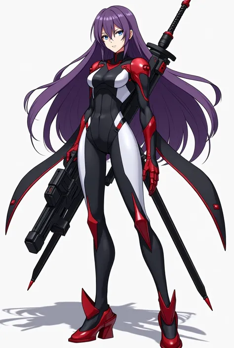  Womens robotic anime . red gloves. red shoes. black and white suit . long purple hair. Great physical body .  A sword in the back. And a black machine gun in my hand pointing