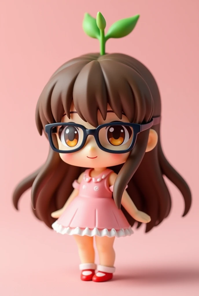 a close up of a doll with a bean sprout on head and a light pink background, ( highly detailed figure ), render of a cute 3d anime girl, anime figure, cute art style, style as nendoroid, anime figurine, stylized anime, brown long hair, brown eyes, black gl...