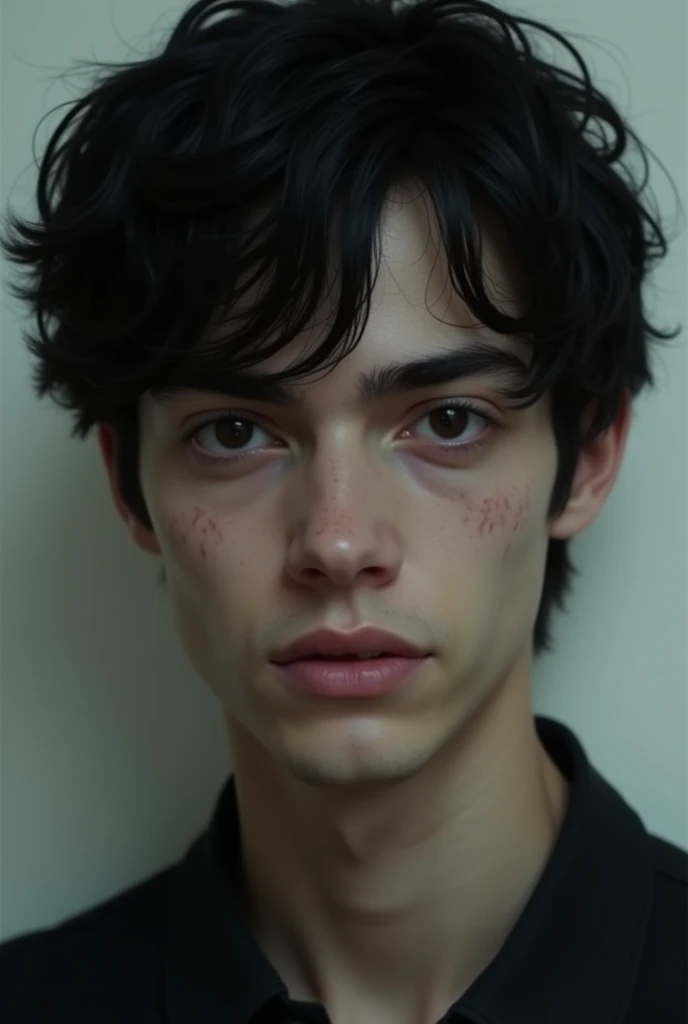 young man, thesis Clara,  black eyes , short and wavy black hair, creepy smile, thin nose