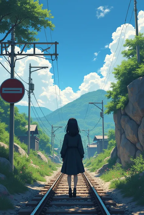  There is a beauty standing on the train tracks, with signs, Landscape artwork, anime background art, art loepfe, Detailed scenery — width 672 , detailed landscape art, art loepfe style, beautiful anime landscape, Made with Anime Painter Studio,  backgroun...