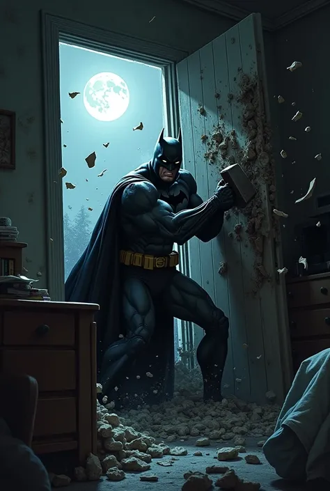 Angry Batman destroy bedroom door by hammer at night 