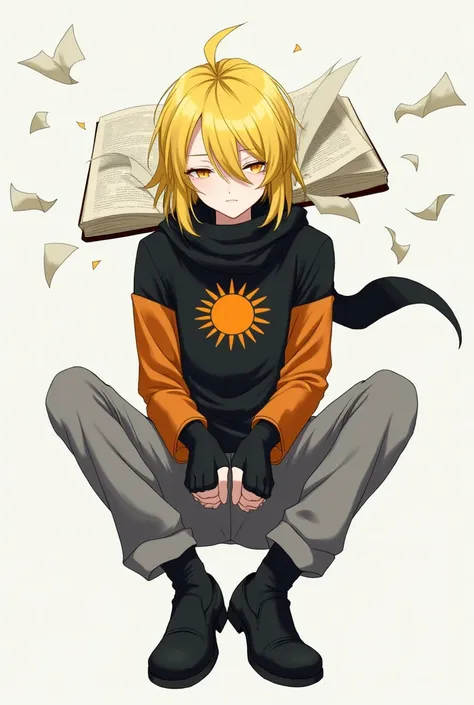 Male anime character with black scarf black shirt with a sun in the middle of the shirt orange with yellow yellow hair a book opened in half and the pages that touch the hair on the head broken gray pants black shoes character with his hands in his pockets...