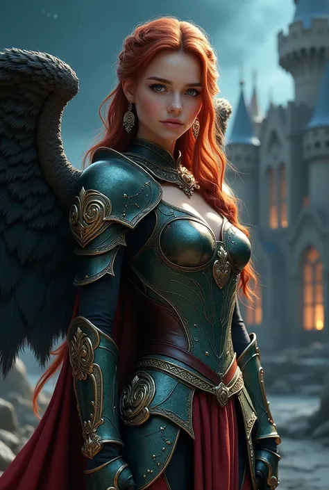 A girl, young, beautiful, supermodel, ((photorealistic)), long red hair, large braid, medium breasts, slim body, blue eyes, perfect body, (beautiful fantasy armor, intrincate details), ((fir large wings)), (large fantasy sword), at night, in a fantasy cast...