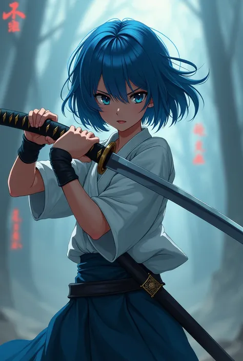 1girl, short hair, blue hair, hloding katana