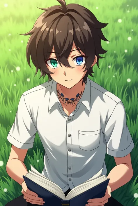 14-year-old boy 
Right eye color green
Left eye color blue 
The Promised of Neverland anime style 
white uniform without tie 
tattoo on the neck with the numbers 49176
wavy and brown hair 
Satoru Gojos hairstyle
Reading a book in the grass 
