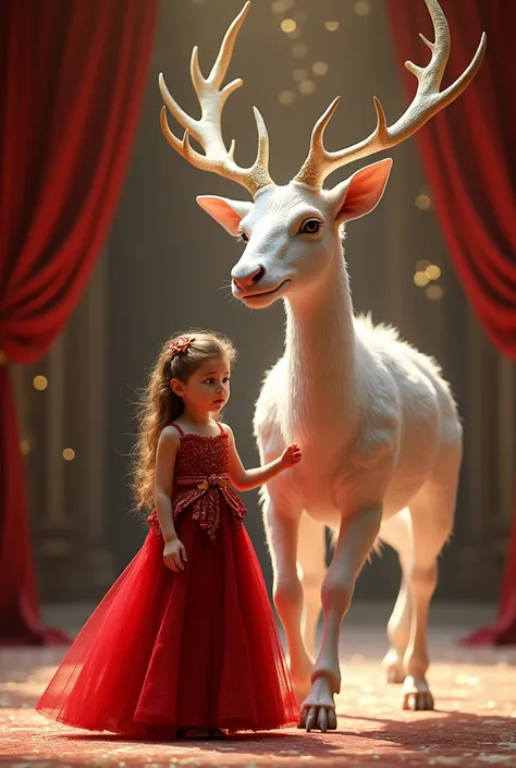 "In a lavish fashion runway set with luxurious velvet curtains and sparkling lights, a baby girl with golden eyes, wearing a crimson velvet gown, proudly walks alongside her towering albino dragon stag. The dragon’s white fur gleams under the runway lights...