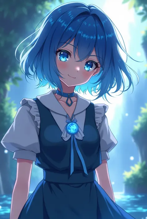  girl 
blue eyes 
Hunters eye
The Promised of Neverland anime style 
short dress with vest 
Blue hair
long hair 
blue moon necklace 
Big breast
